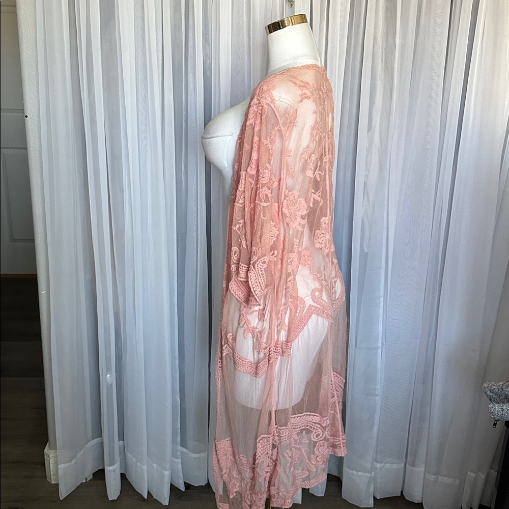Sheer Embroidered Kimono Robe - Pink - Picture 4 of 4